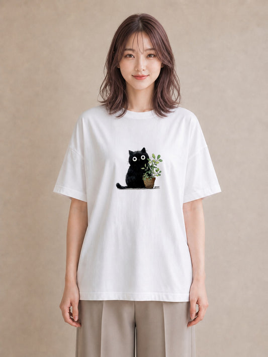 半袖Tシャツ レディース 黒猫 猫 ねこ イラスト 韓国風 普段着 週末コーデ 白T