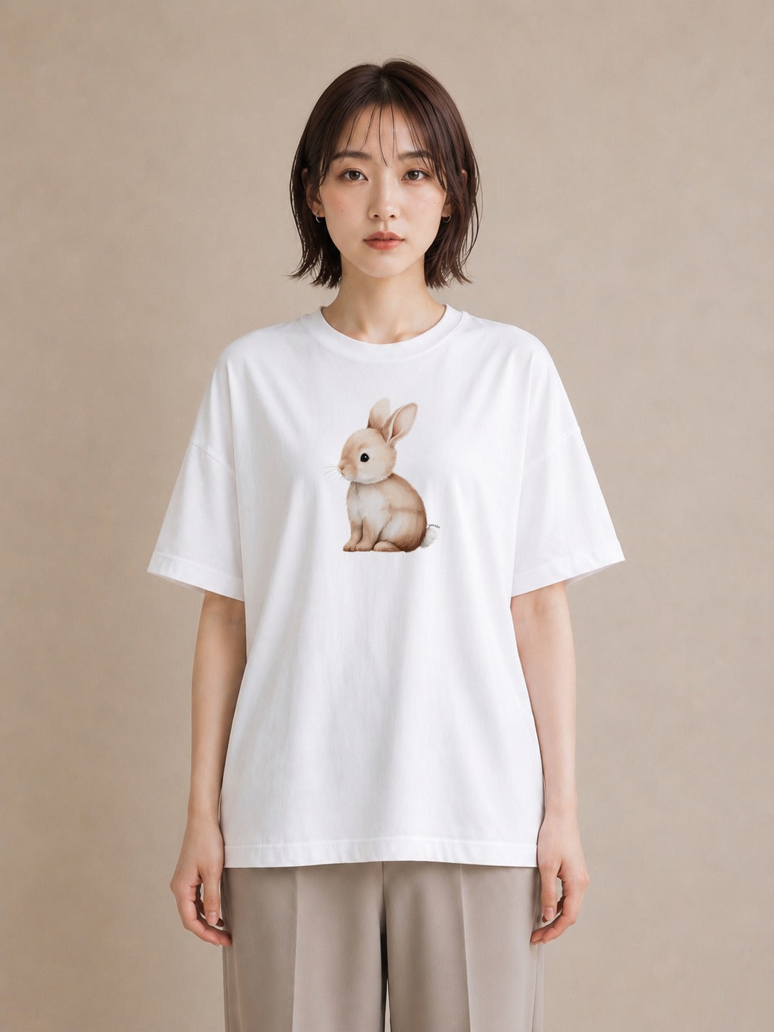 Tシャツ レディース ウサギ系野生 動物 アニマル イラスト きれいめカジュアル ホワイトデー 春服 白T