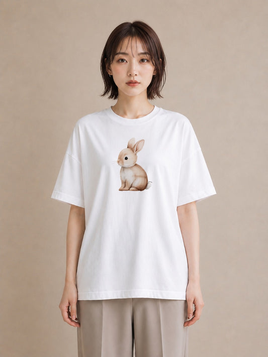 Tシャツ レディース ウサギ系野生 動物 アニマル イラスト きれいめカジュアル ホワイトデー 春服 白T