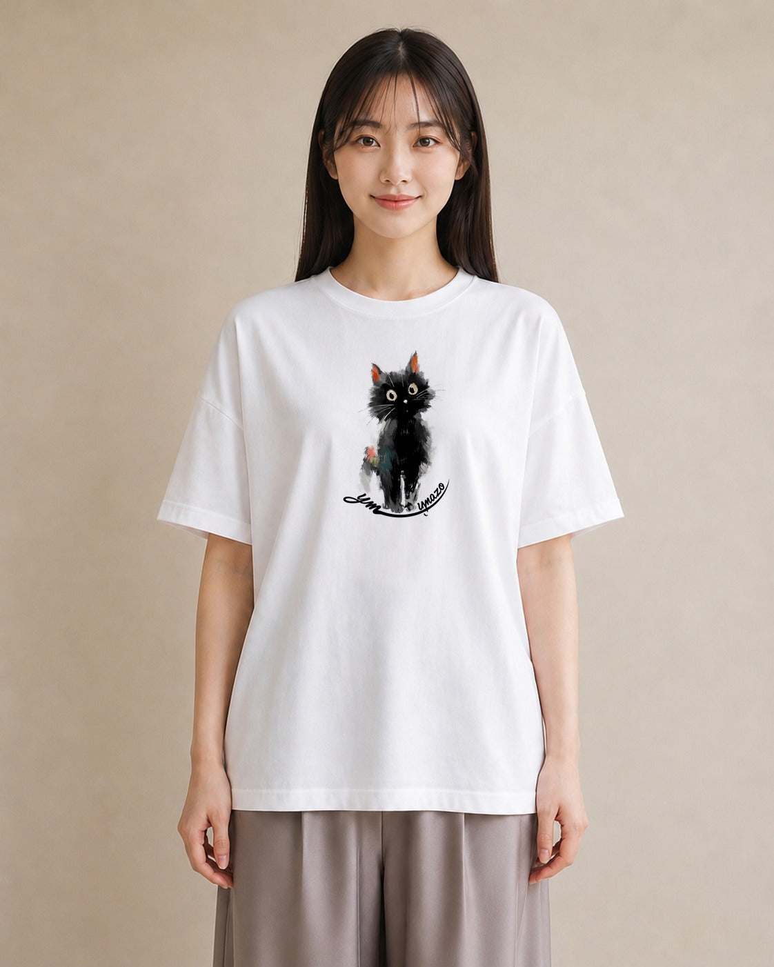 Tシャツ レディース ハチワレ 白黒猫 猫 ねこ イラスト きれいめカジュアル 帰省 ラフ 白T