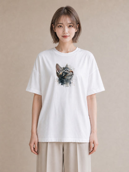 半袖Tシャツ レディース 猫 ねこ イラスト きれいめカジュアル 在宅 公園 白T