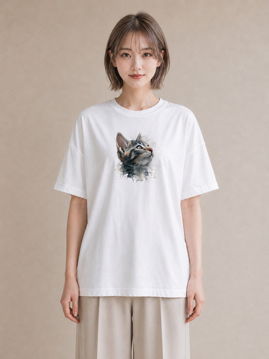 半袖Tシャツ レディース 猫 ねこ イラスト きれいめカジュアル 在宅 公園 白T