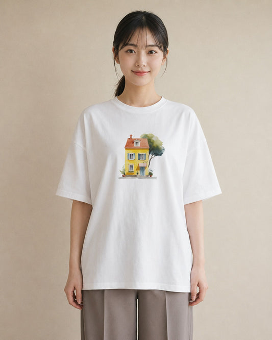 Tシャツ レディース 灯りの家 小屋 夜 ナチュラル アンティーク イラスト 上品 旅行 母娘コーデ 白T