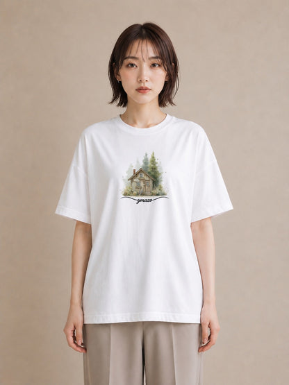 Tシャツ レディース 湖畔の小屋 湖 小屋 ナチュラル アンティーク イラスト ラフ 普段着 週末コーデ 白T