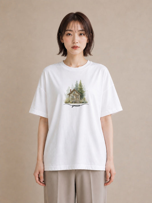 Tシャツ レディース 湖畔の小屋 湖 小屋 ナチュラル アンティーク イラスト ラフ 普段着 週末コーデ 白T