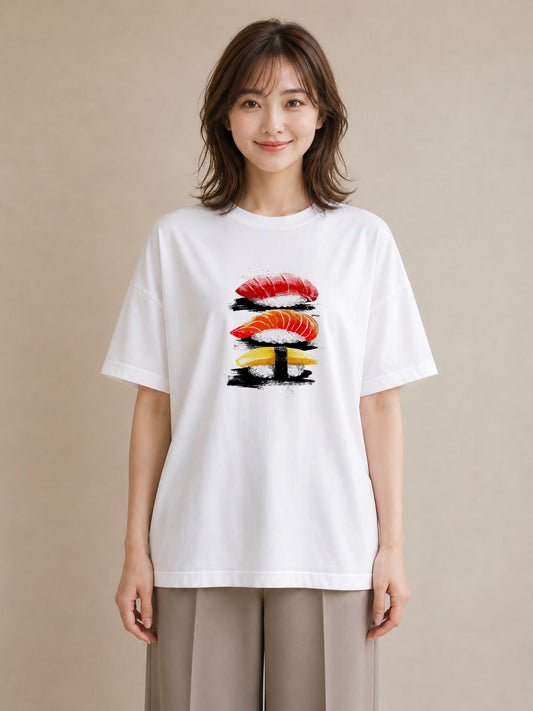 Tシャツ レディース お寿司 食べ物 フード イラスト ラフカジュアル 海 カフェ巡り 白T