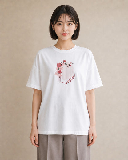 半袖Tシャツ レディース 扇子 そよ風 ナチュラル アンティーク イラスト シック 在宅 公園 白T