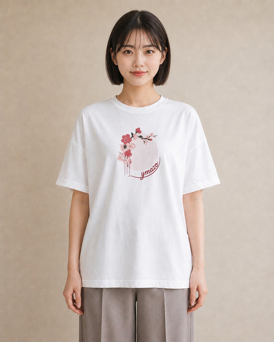 半袖Tシャツ レディース 扇子 そよ風 ナチュラル アンティーク イラスト シック 在宅 公園 白T