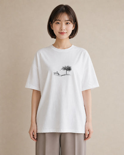 グラフィックTシャツ レディース 雨上がりのベンチ ベンチ ナチュラル アンティーク イラスト こなれ感 部屋着 女性向けギフト 白T