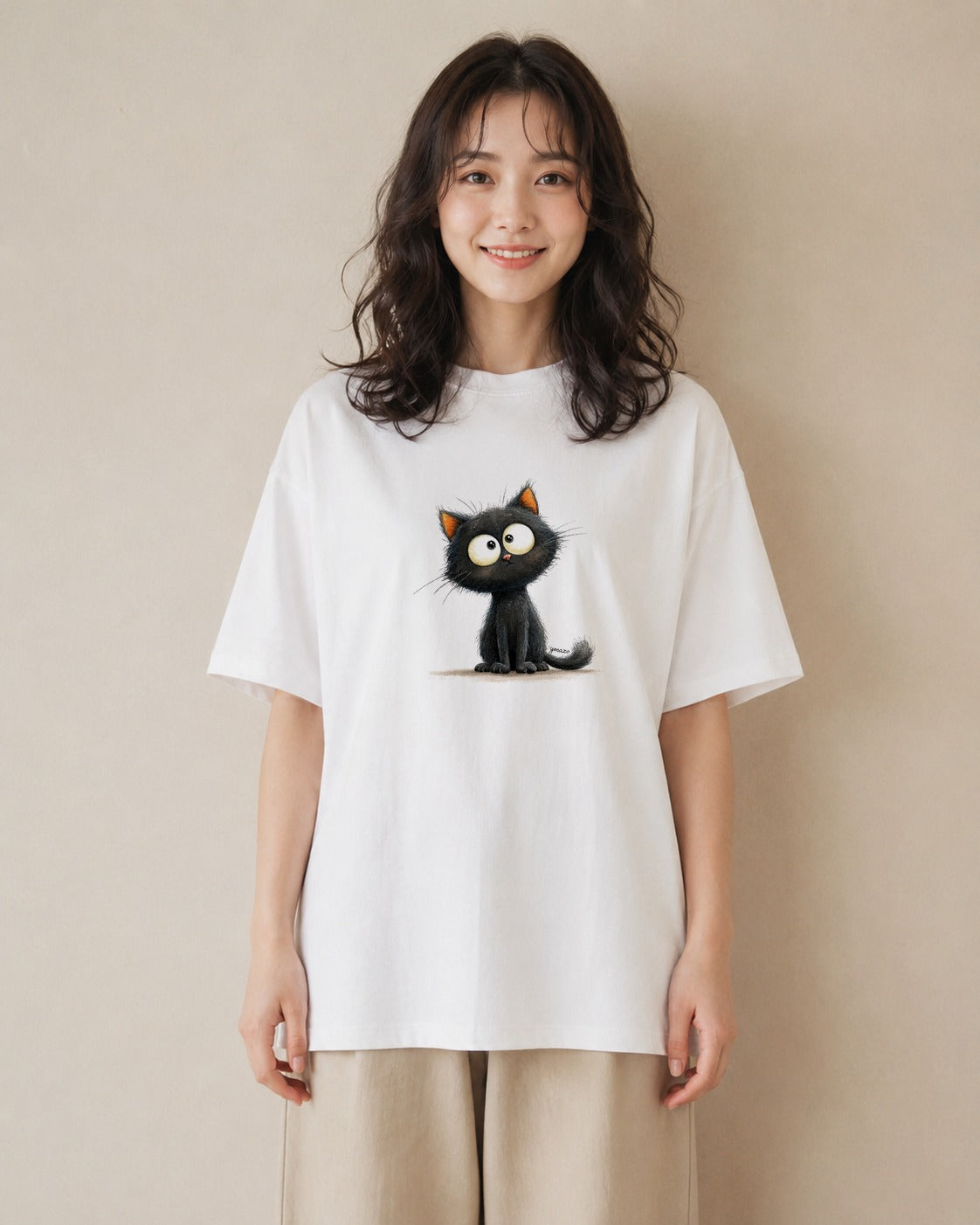 グラフィックTシャツ レディース 黒猫 猫 ねこ イラスト 20代 カジュアルコーデ 白T