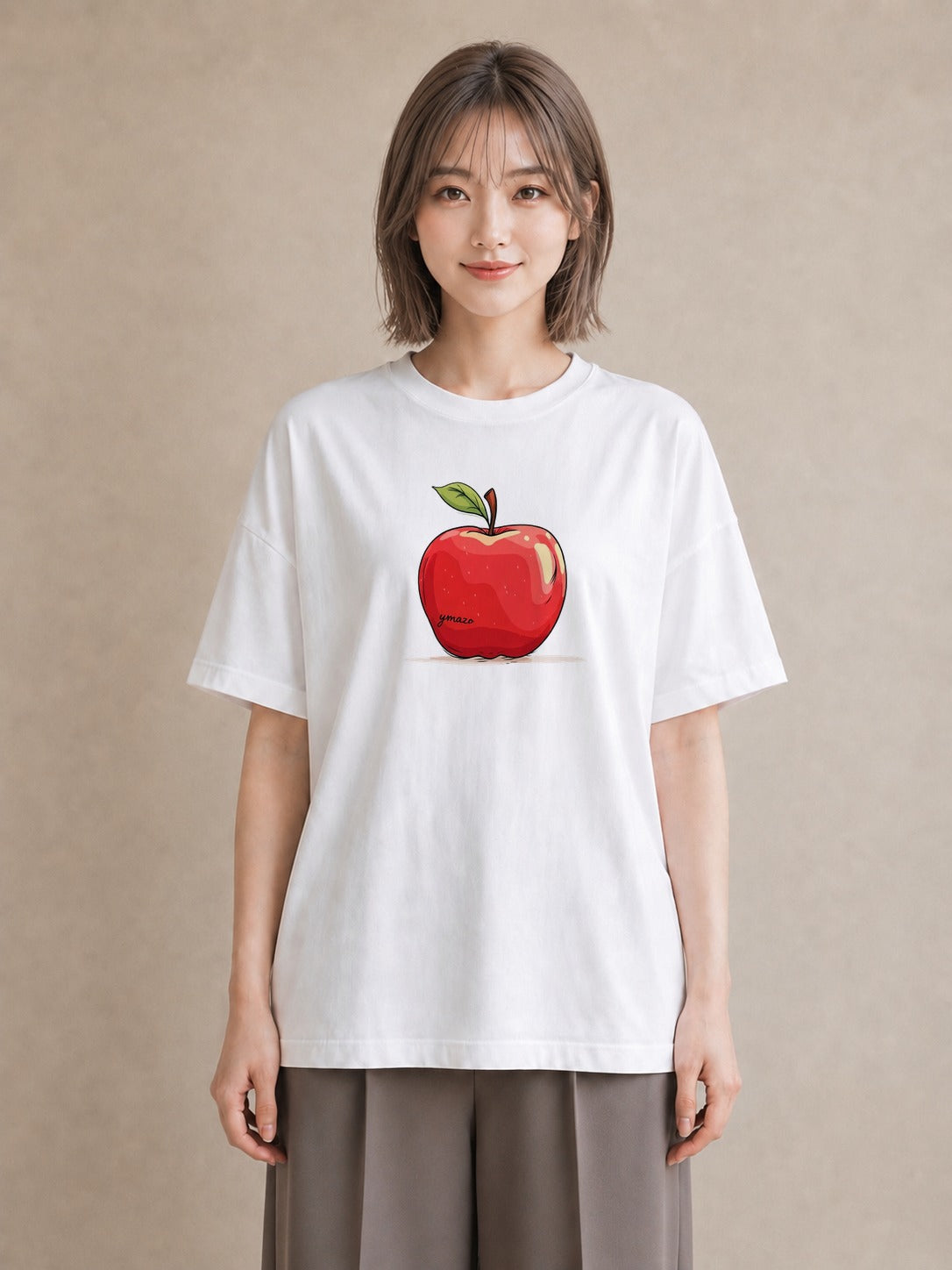 半袖Tシャツ レディース りんご 林檎 アップル 食べ物 フード イラスト きれいめ 夏コーデ 通学 白T