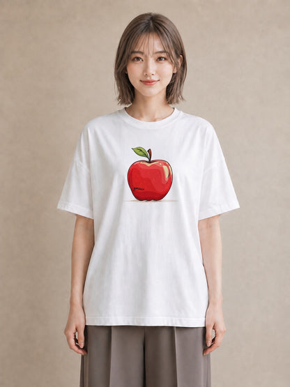 半袖Tシャツ レディース りんご 林檎 アップル 食べ物 フード イラスト きれいめ 夏コーデ 通学 白T