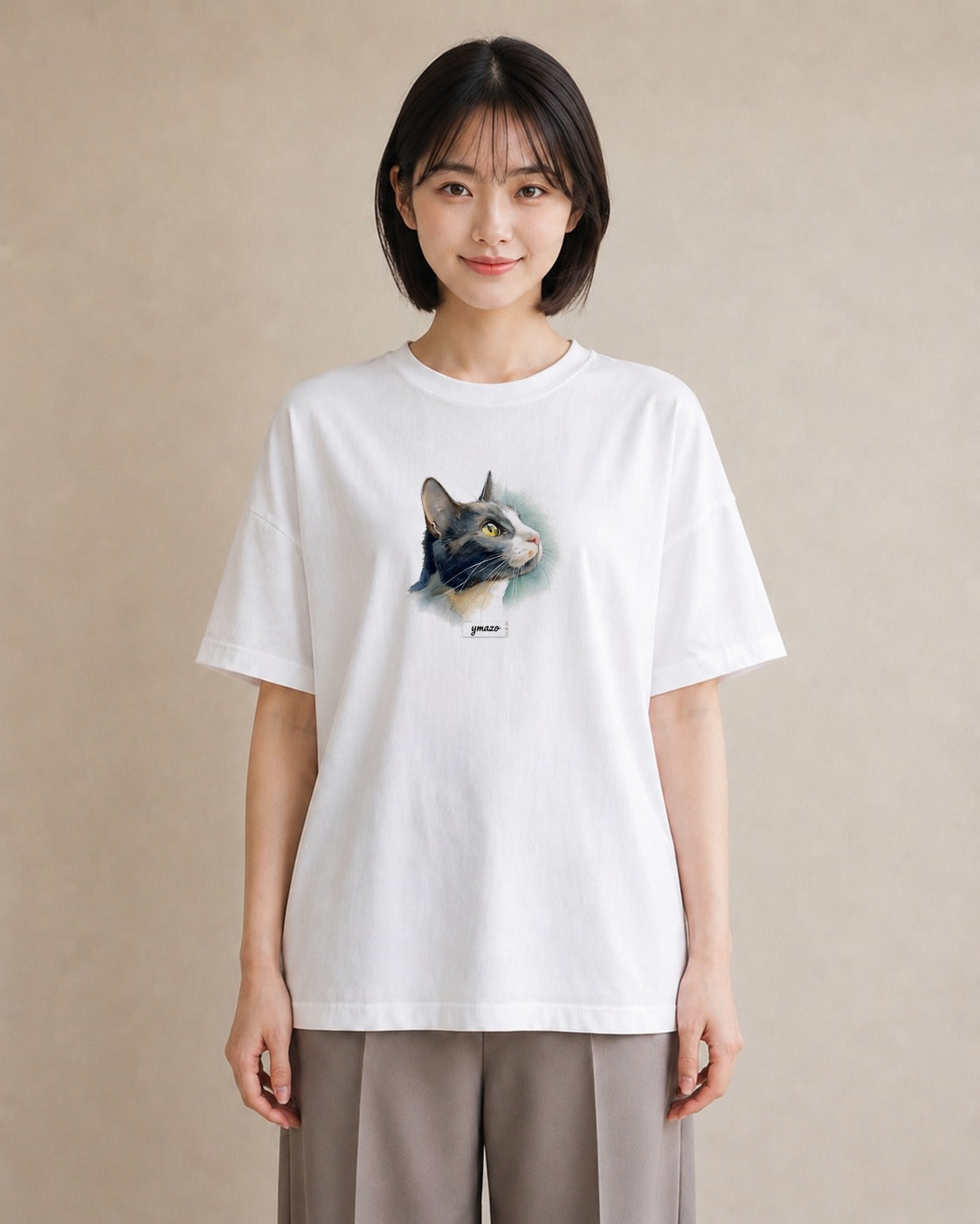 半袖Tシャツ レディース ハチワレ 白黒猫 猫 ねこ イラスト きれいめ ラフ レイヤード 白T