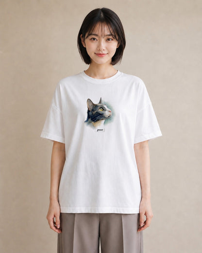 半袖Tシャツ レディース ハチワレ 白黒猫 猫 ねこ イラスト きれいめ ラフ レイヤード 白T