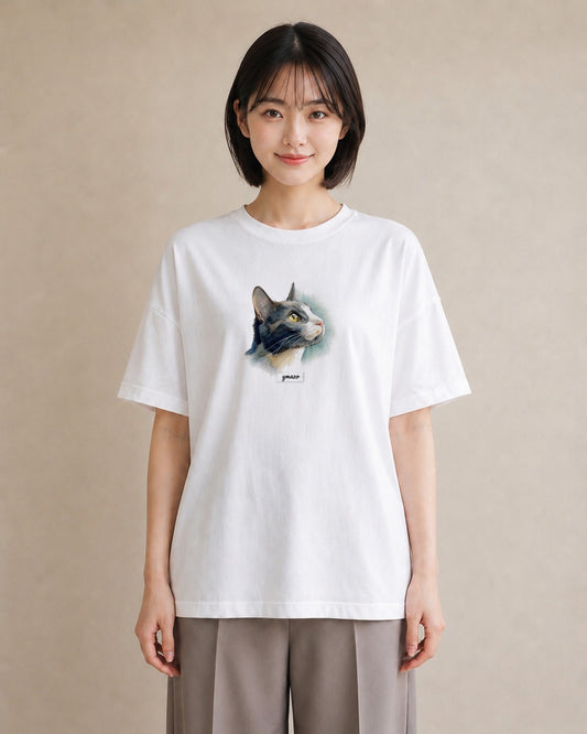 半袖Tシャツ レディース ハチワレ 白黒猫 猫 ねこ イラスト きれいめ ラフ レイヤード 白T