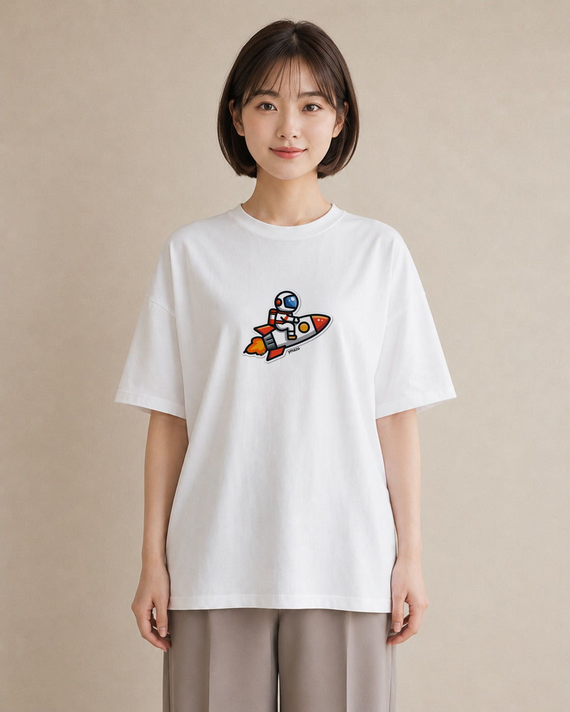 プリントTシャツ レディース ロケット 星空 宇宙 イラスト ユニーク ミセス 春コーデ 白T