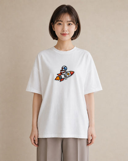 プリントTシャツ レディース ロケット 星空 宇宙 イラスト ユニーク ミセス 春コーデ 白T