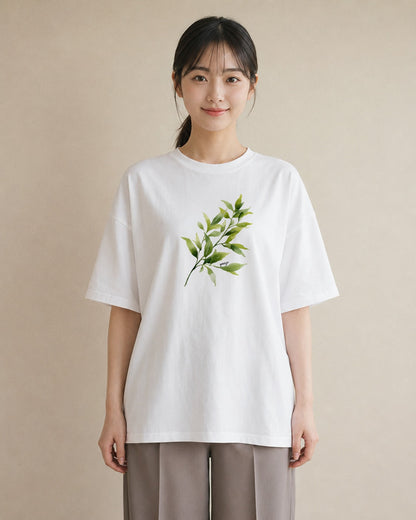 半袖Tシャツ レディース 新緑 植物 ボタニカル イラスト 上品 ペアコーデ 秋コーデ 白T