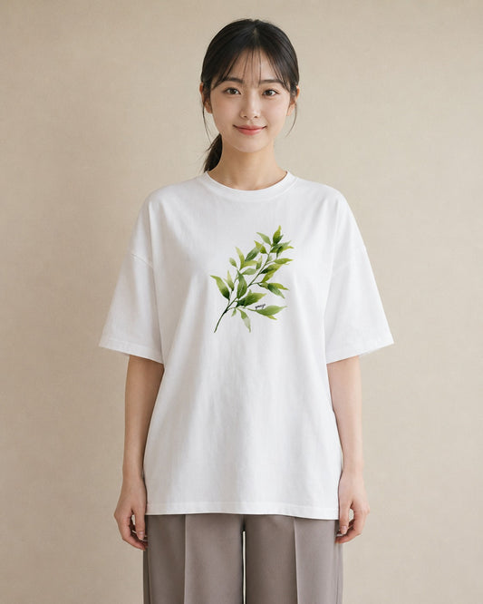 半袖Tシャツ レディース 新緑 植物 ボタニカル イラスト 上品 ペアコーデ 秋コーデ 白T
