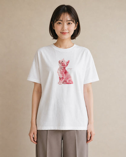 半袖Tシャツ レディース しっぽ 猫 ねこ イラスト アート風 ギフト 母の日 白T