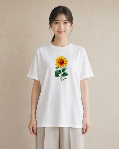 プリントTシャツ レディース ひまわり 向日葵 花 花柄 イラスト シンプル ビーチ デイリーウェア 白T