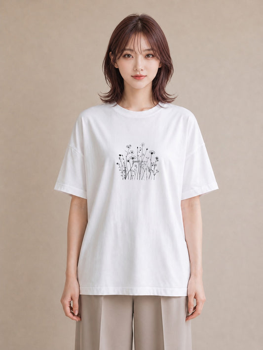 プリントTシャツ レディース 小花 花 フラワー イラスト ラフ 普段着 週末コーデ 白T