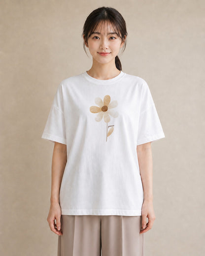 デザインTシャツ レディース ミモザ 花 花柄 イラスト カフェコーデ 帰省 ラフ 白T