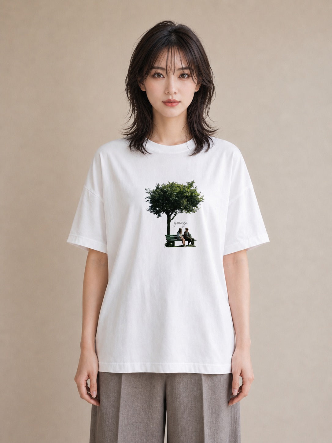 プリントTシャツ レディース 雨上がりのベンチ ベンチ ナチュラル アンティーク イラスト 水彩風 親子 20代 白T