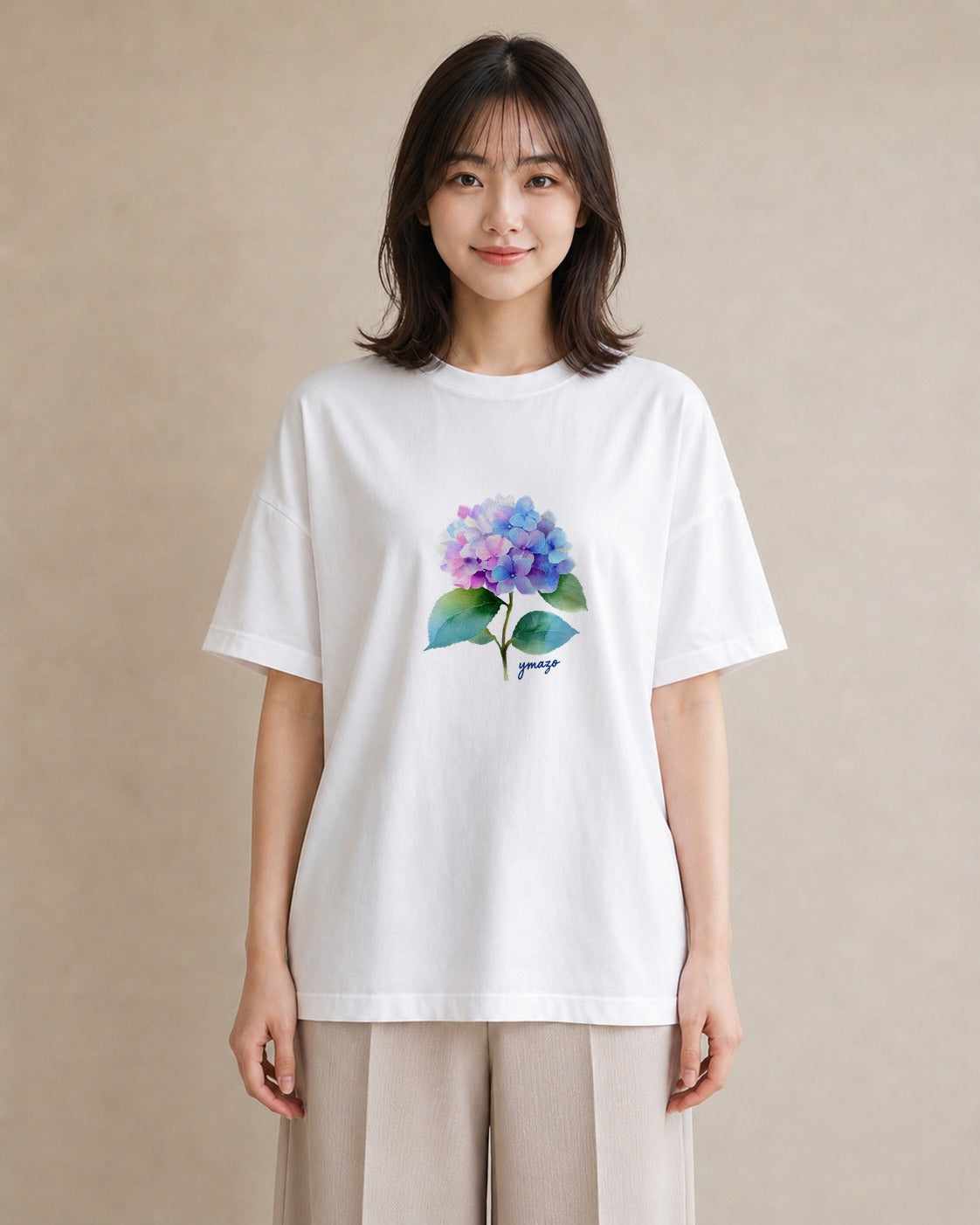 Tシャツ レディース あじさい 紫陽花 アジサイ 花 花柄 イラスト アート風 デイリーウェア 休日 白T