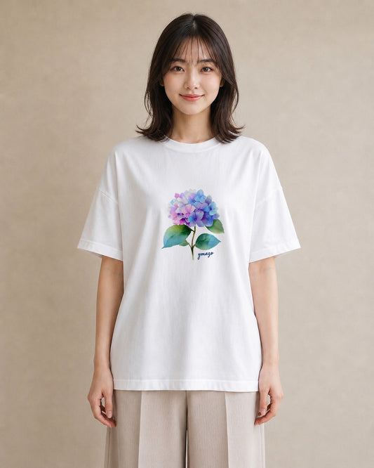 Tシャツ レディース あじさい 紫陽花 アジサイ 花 花柄 イラスト アート風 デイリーウェア 休日 白T