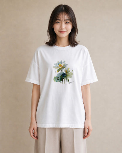 半袖Tシャツ レディース 蓮 花 花柄 イラスト 普段使い ホワイトデー 春服 白T