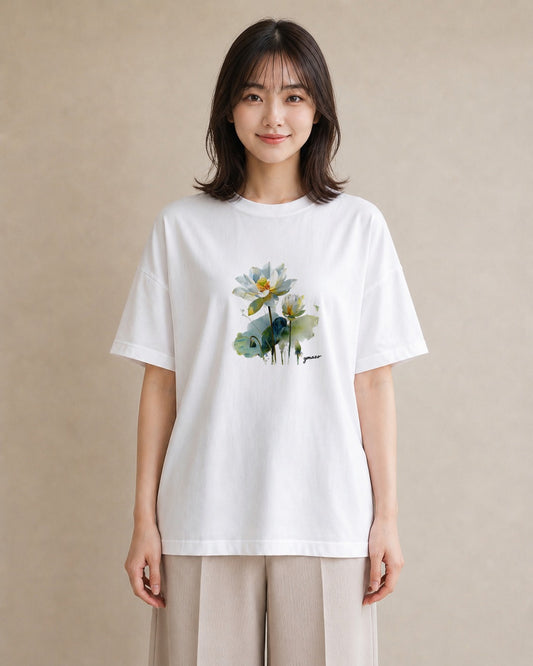 半袖Tシャツ レディース 蓮 花 花柄 イラスト 普段使い ホワイトデー 春服 白T