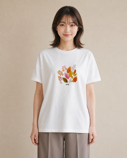 プリントTシャツ レディース 落ち葉 植物 ボタニカル イラスト ヴィンテージ風 デイリーウェア 休日 白T