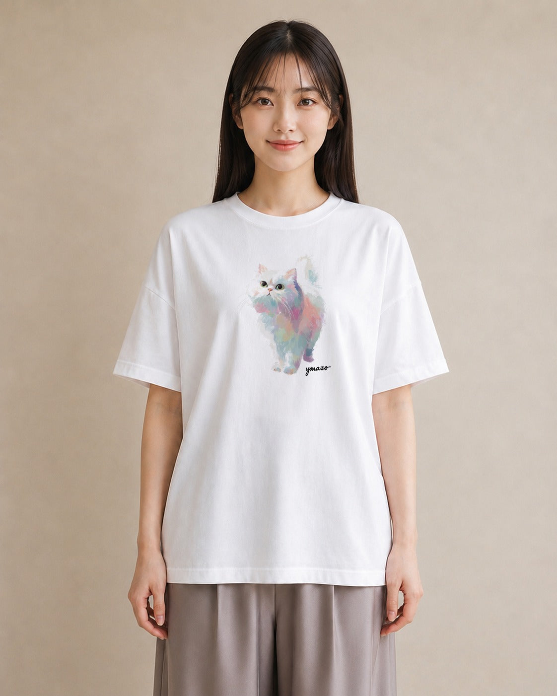 Tシャツ レディース メインクーン 猫 ねこ イラスト 水彩風 20代 カジュアルコーデ 白T