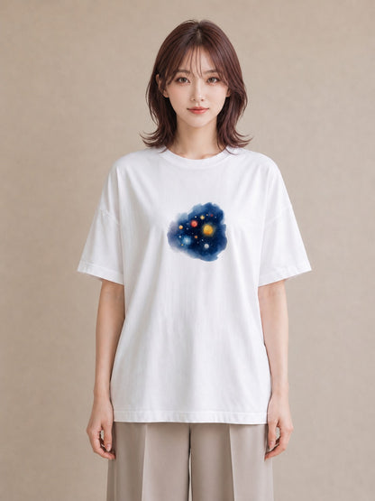 プリントTシャツ レディース プラネット 星空 宇宙 イラスト ニュアンス カフェ服 クリスマス 白T