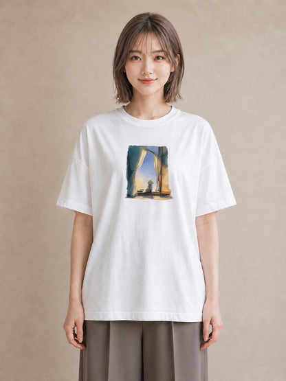 Tシャツ レディース 灯りの家 小屋 夜 ナチュラル アンティーク イラスト ヴィンテージ風 ママ カフェ服 白T