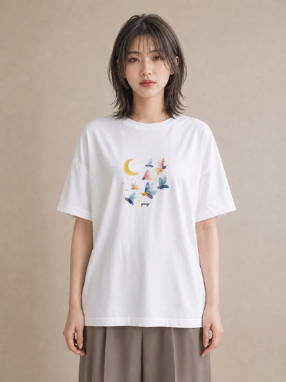 半袖Tシャツ レディース 満月 星空 宇宙 イラスト 上品 散歩 お出かけ 白T