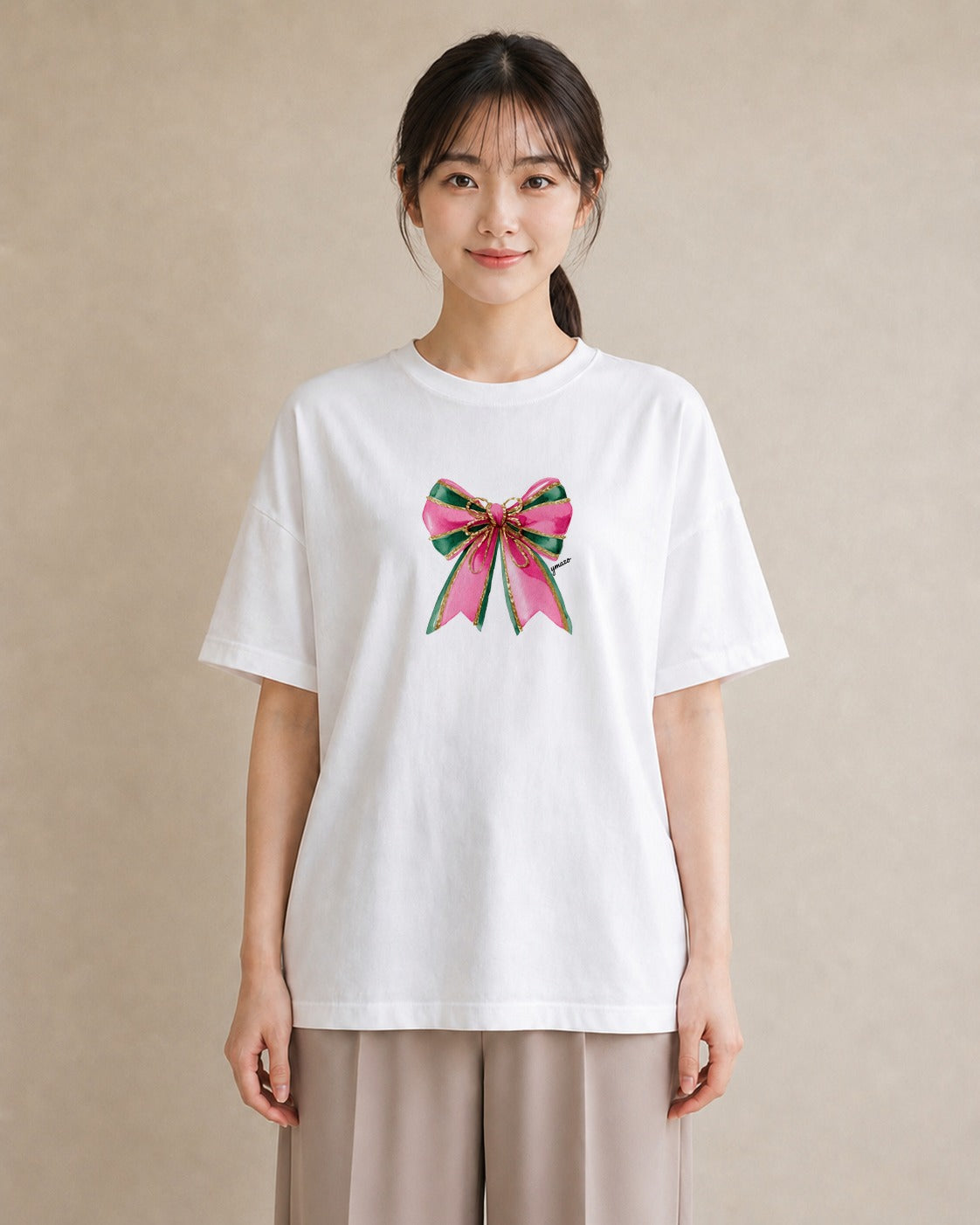 プリントTシャツ レディース リボン 蝶結び ナチュラル アンティーク イラスト こなれ感 ママ カフェ服 白T