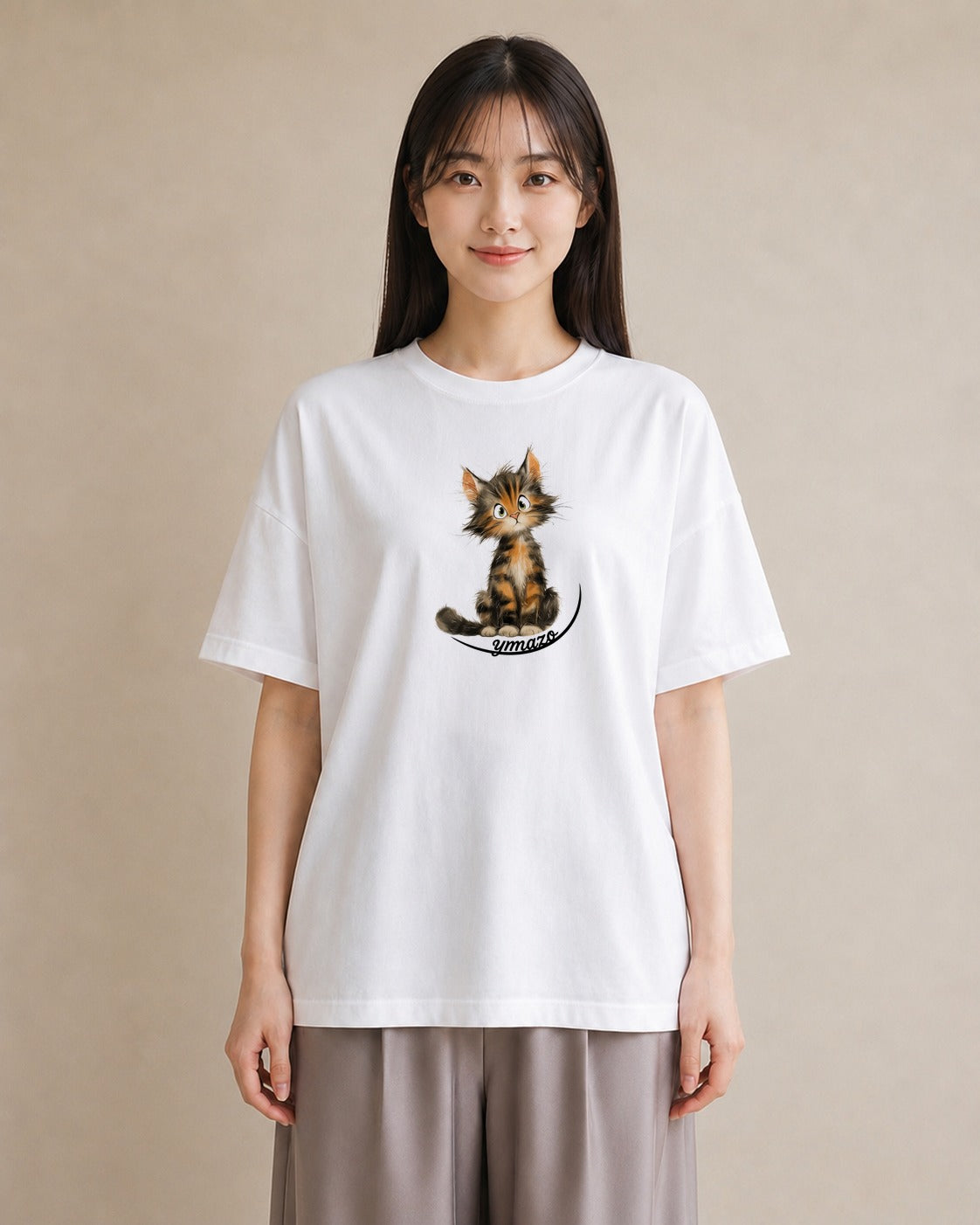 デザインTシャツ レディース サバトラ 猫 ねこ イラスト ラフ 海 カフェ巡り 白T