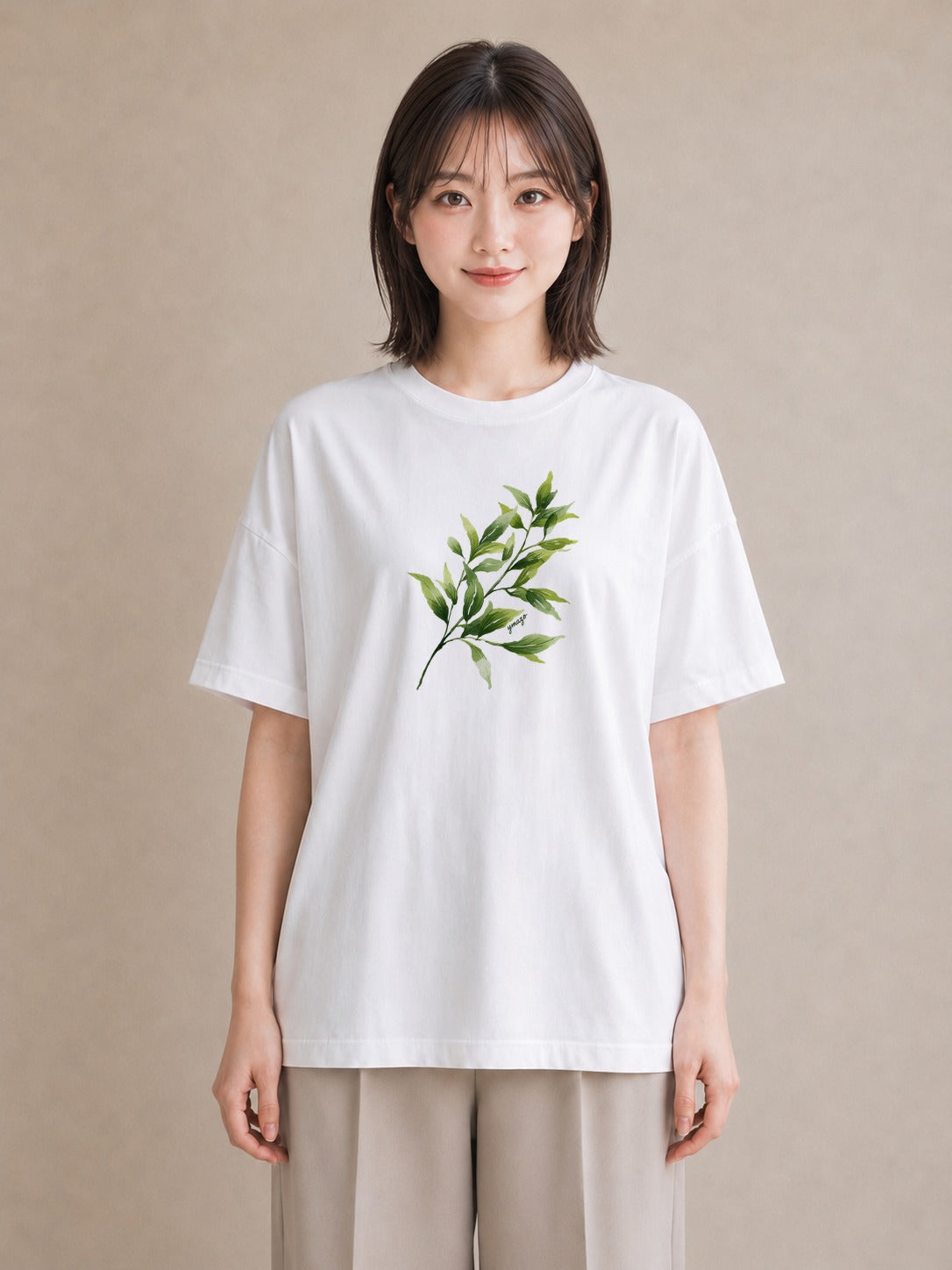 プリントTシャツ レディース 葉っぱ 植物 ボタニカル イラスト 抜け感 公園 ママ 白T
