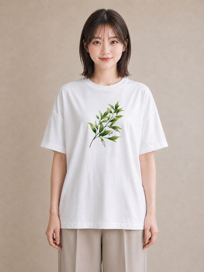 プリントTシャツ レディース 葉っぱ 植物 ボタニカル イラスト 抜け感 公園 ママ 白T