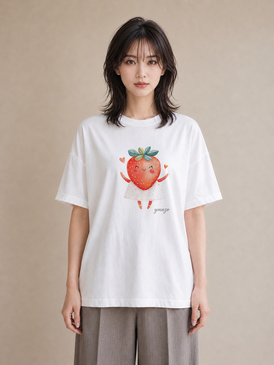 プリントTシャツ レディース いちご 苺 ストロベリー 食べ物 フード イラスト 20代 カジュアルコーデ 白T