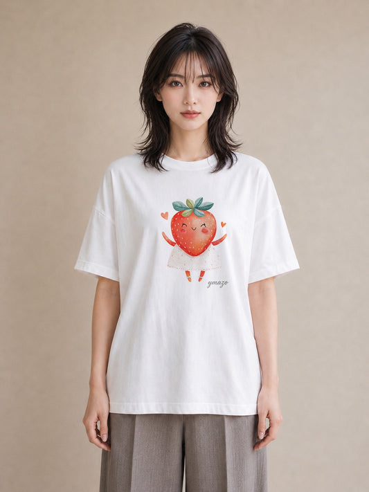 プリントTシャツ レディース いちご 苺 ストロベリー 食べ物 フード イラスト 20代 カジュアルコーデ 白T