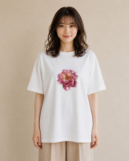 半袖Tシャツ レディース 牡丹 花 花柄 イラスト ゆるコーデ 敬老の日 ホワイトデー 白T