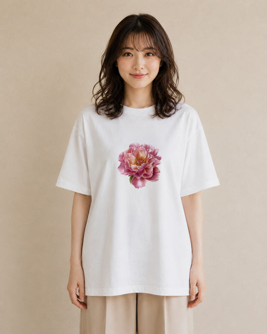 半袖Tシャツ レディース 牡丹 花 花柄 イラスト ゆるコーデ 敬老の日 ホワイトデー 白T