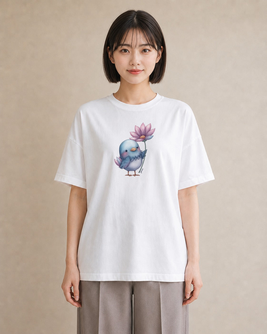 グラフィックTシャツ レディース ボタンインコ ペット 動物 イラスト きれいめカジュアル 散歩 お出かけ 白T