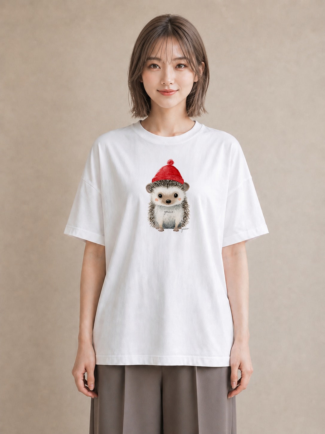 半袖Tシャツ レディース ハリネズミ ペット 動物 イラスト レトロ 公園 ママ 白T