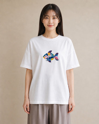半袖Tシャツ レディース 熱帯魚 海の生き物 海 イラスト レトロ 女性 旅行用 白T