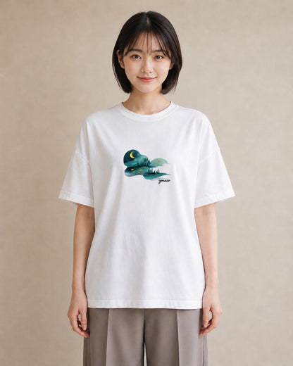 Tシャツ レディース オーロラ 星空 宇宙 イラスト 北欧風 帰省 ラフ 白T