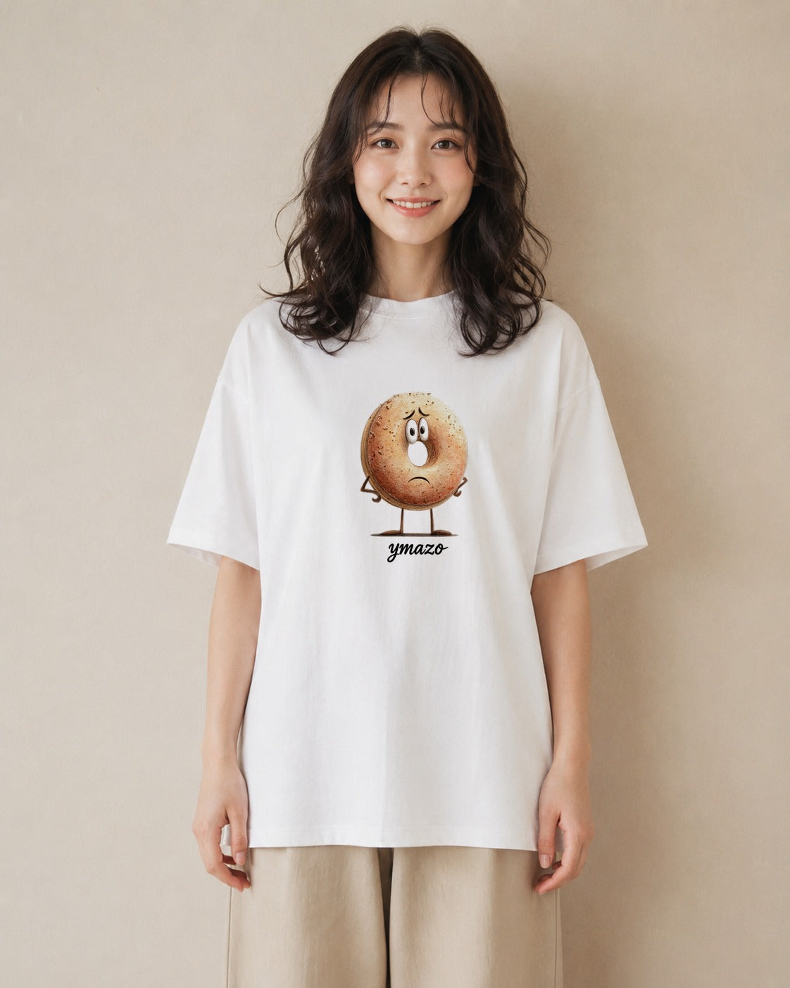 プリントTシャツ レディース ベーグル 食べ物 フード イラスト ミニマル 親子 20代 白T